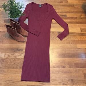 Taylor Womens Medium Maroon Ribbed Long Sleeve Square Neck Bodycon Midi Dress